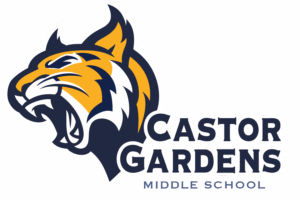Full-color logo of Caster Gardens Middle School featuring a navy and gold wildcat head beside the school name in bold lettering.